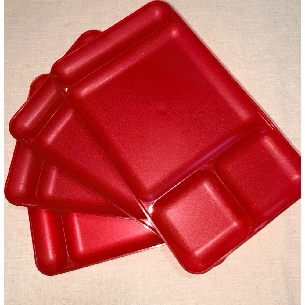 Vintage Tupperware Red Divided Serving Trays Set of 4 Plastic Lunch Platters USA